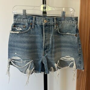 Re/Done Distressed Blue Denim Shorts